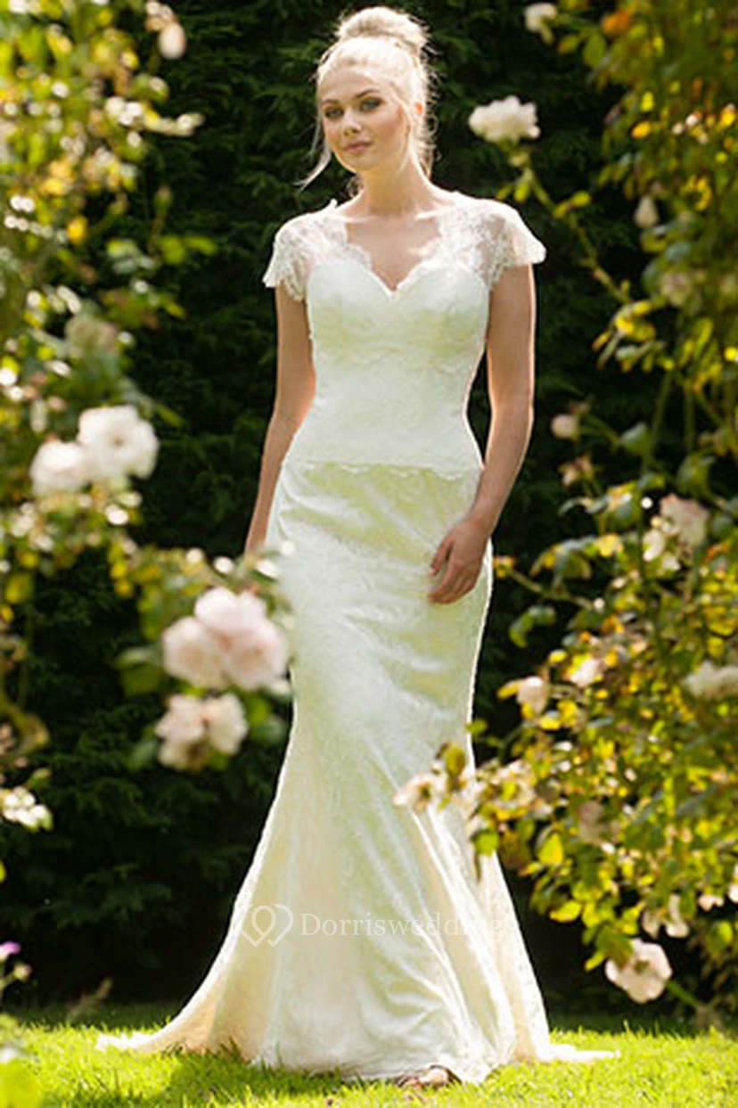 V-Neck Long Cap-Sleeve Appliqued Lace Wedding Dress With Sweep Train And V Back