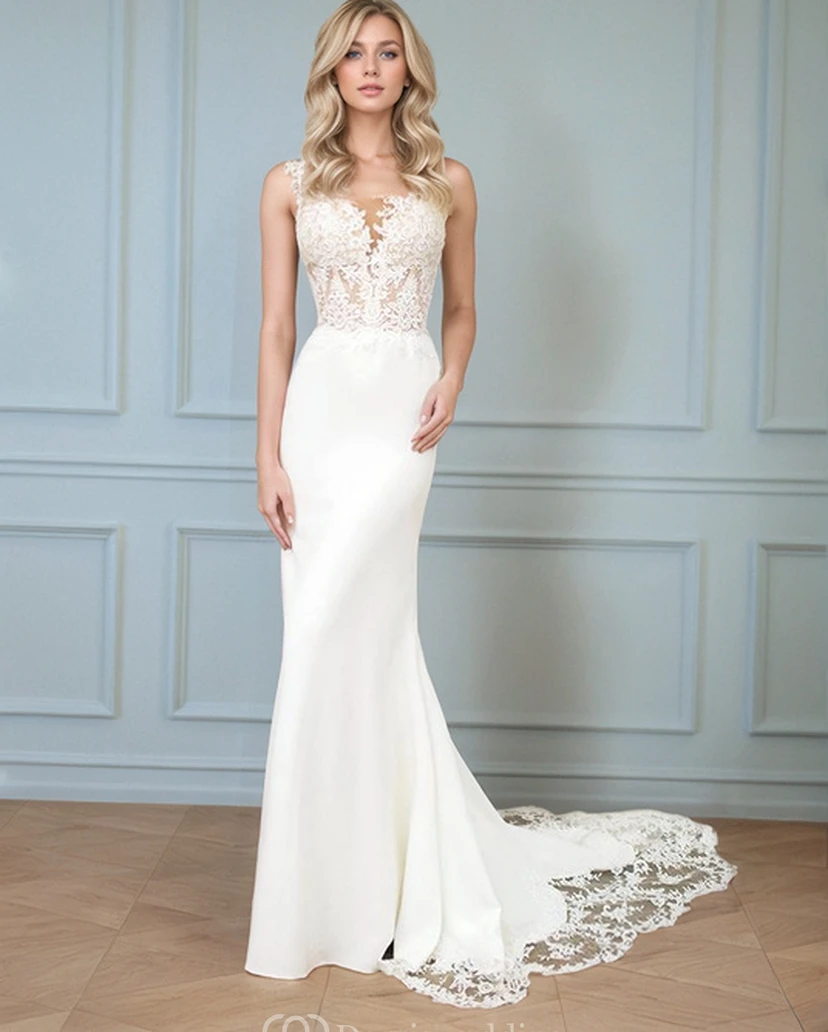Elegantes Brautkleid aus Spitze und Satin mit ausgestelltem Rock und Schleppe