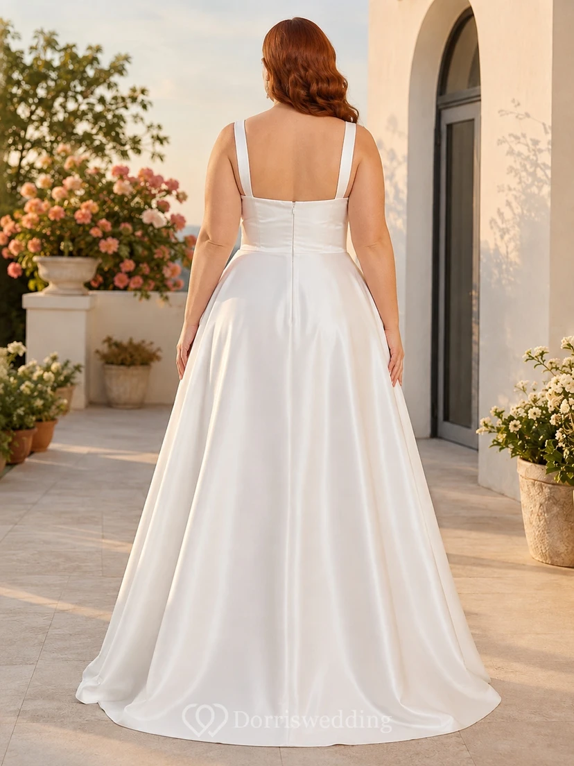 Plus Size schlichtes trägerloses A-Linien-Brautkleid mit Herzausschnitt aus Satin, bodenlang, für standesamtliche Trauungen view 2