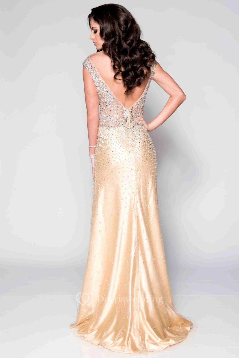 V-Back Cap Sleeve Sheath Sequined Prom Dress With Side Split view 3