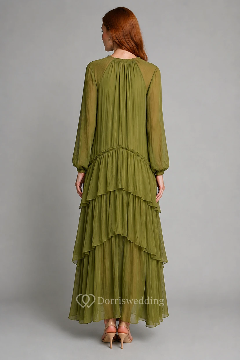 Sage Long Sleeve Chiffon A-Line Dress with Tiered Ruffle Skirt view 2