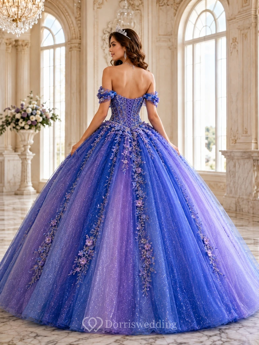 Purple Blue Tulle Floral Off Shoulder Ball Gown Quinceanera Floor Length Dress view 2