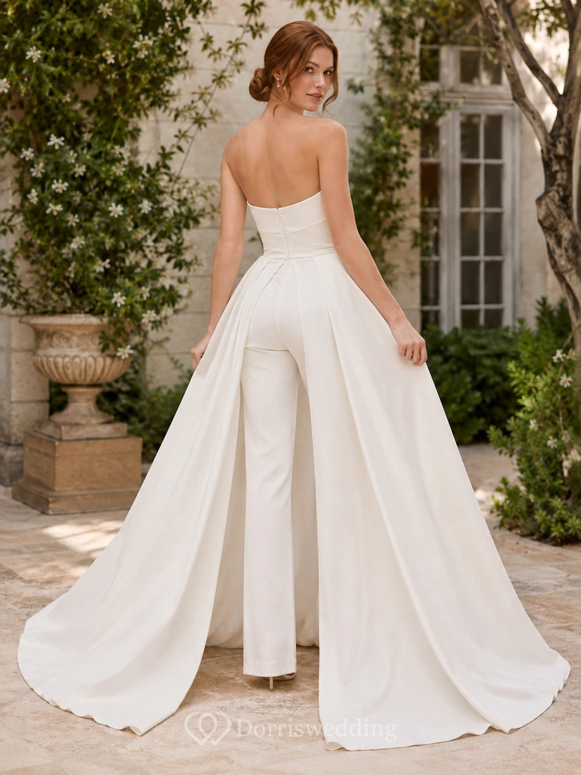 Minimalist Satin Wedding Jumpsuit Strapless Sweetheart Sweep Train view 2