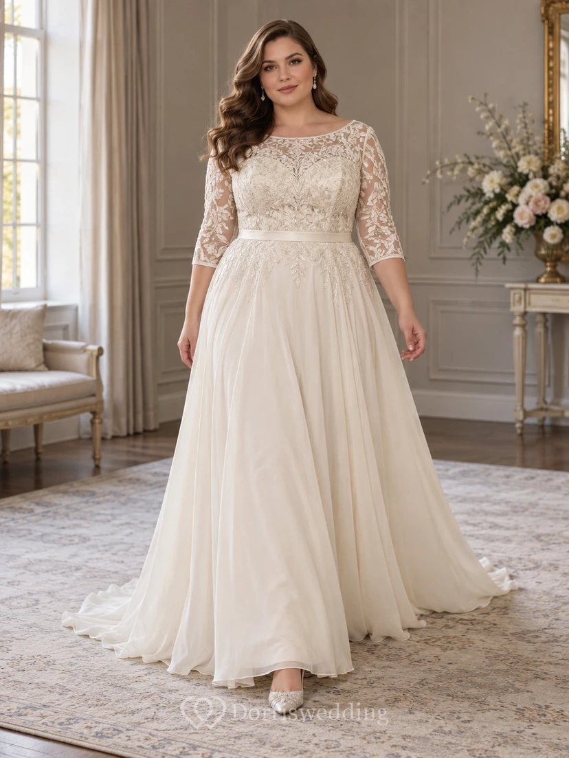 Vestido de novia de gasa con encaje y escote barco, corte en A, con mangas cortas adornadas con cuentas.