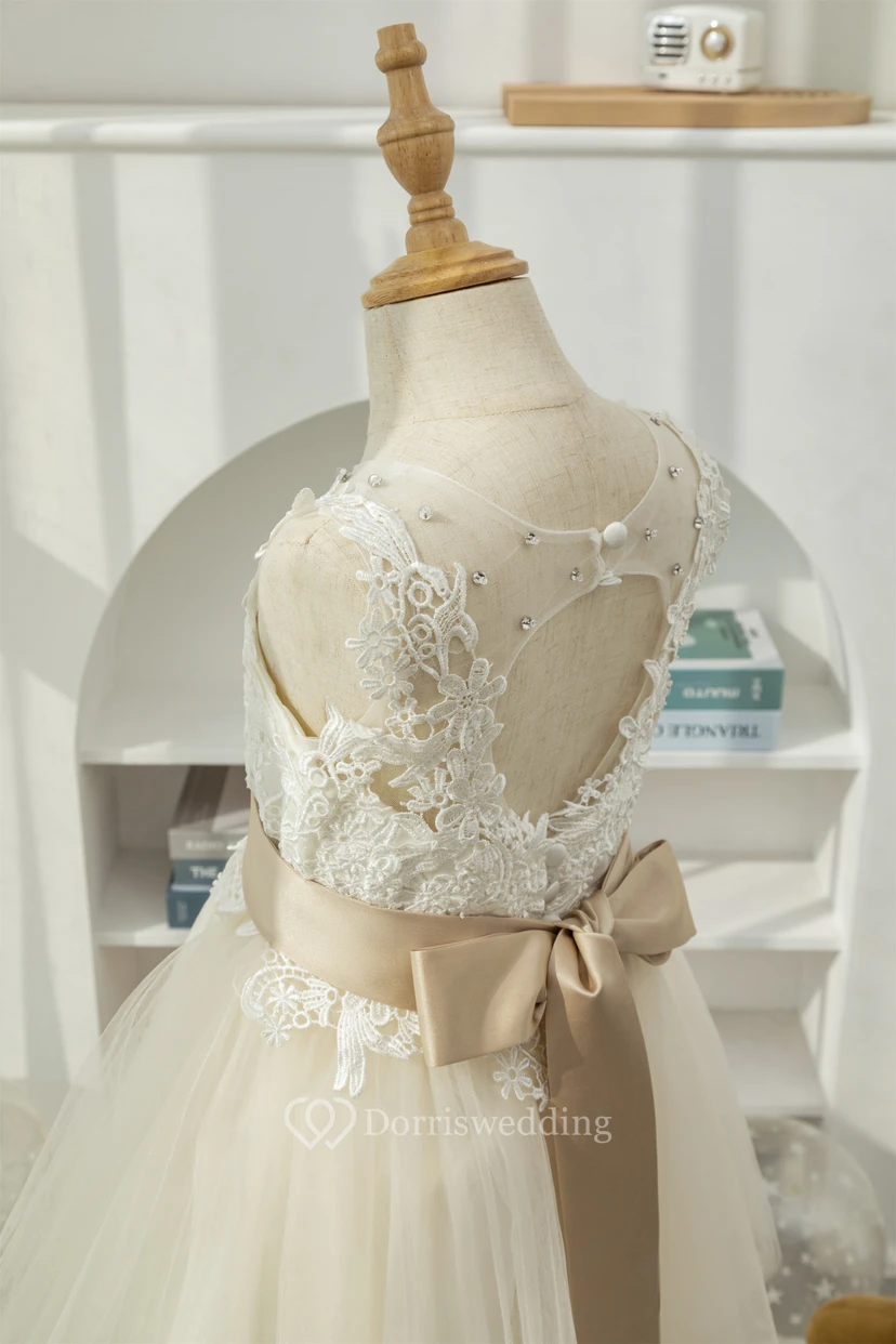 Lace Elegant Tulle A-line Champagne White Flowergirl Dress view 9