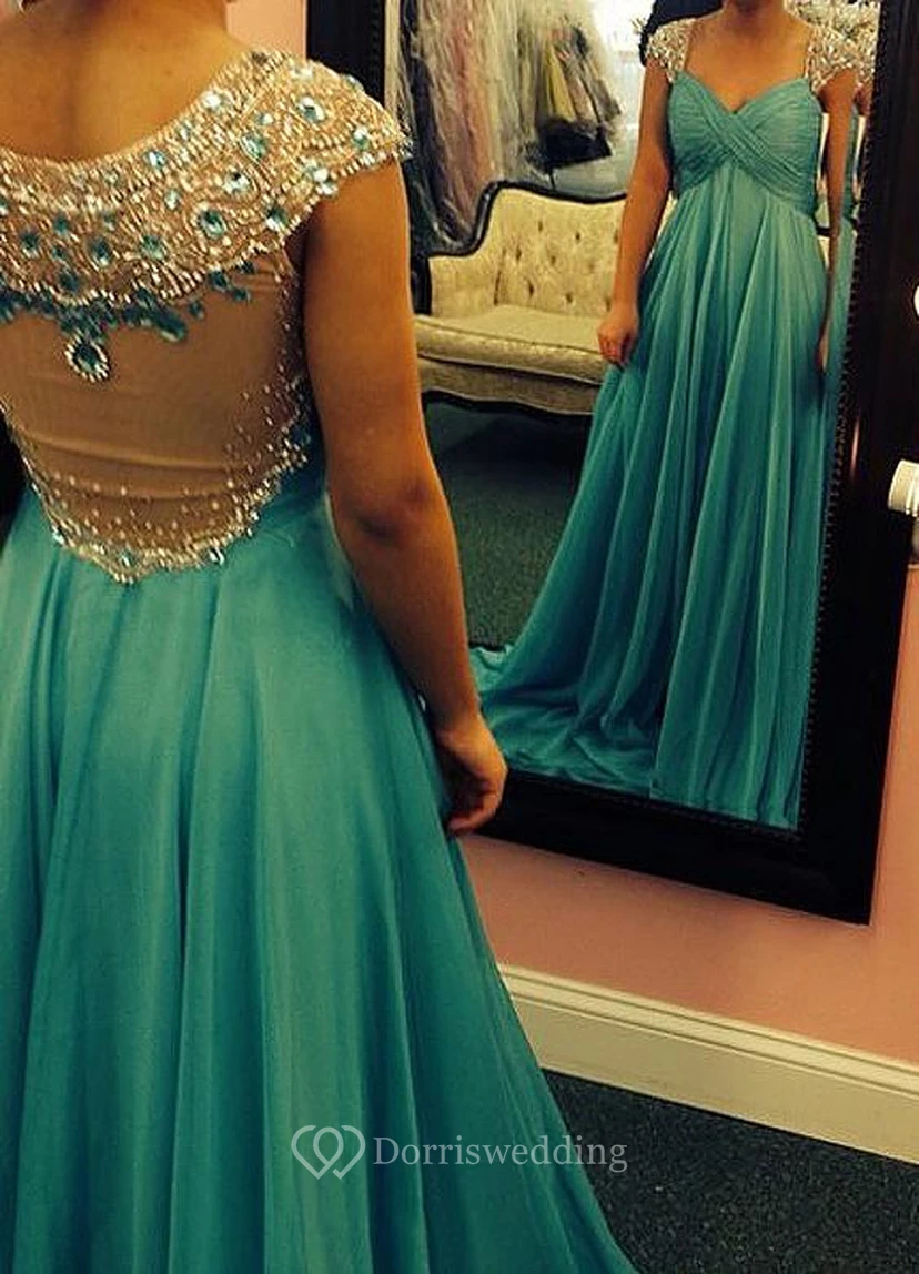 Glamorous Crystals Beadings A-line Prom Dress Cap Sleeve