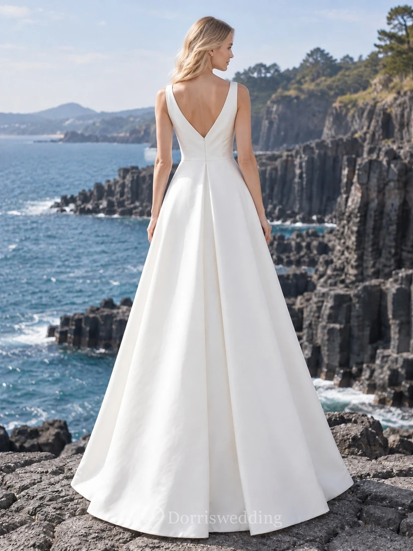 Schlichtes, ärmelloses, plissiertes Brautkleid in A-Linie mit V-Ausschnitt view 2
