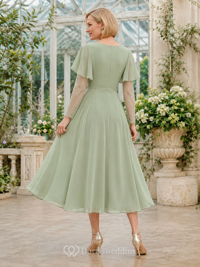 Pale Sage Tea-Length A-Line Romantic Mother of the Bride Dress with V-Neck Layered Lace Sleeves view 2
