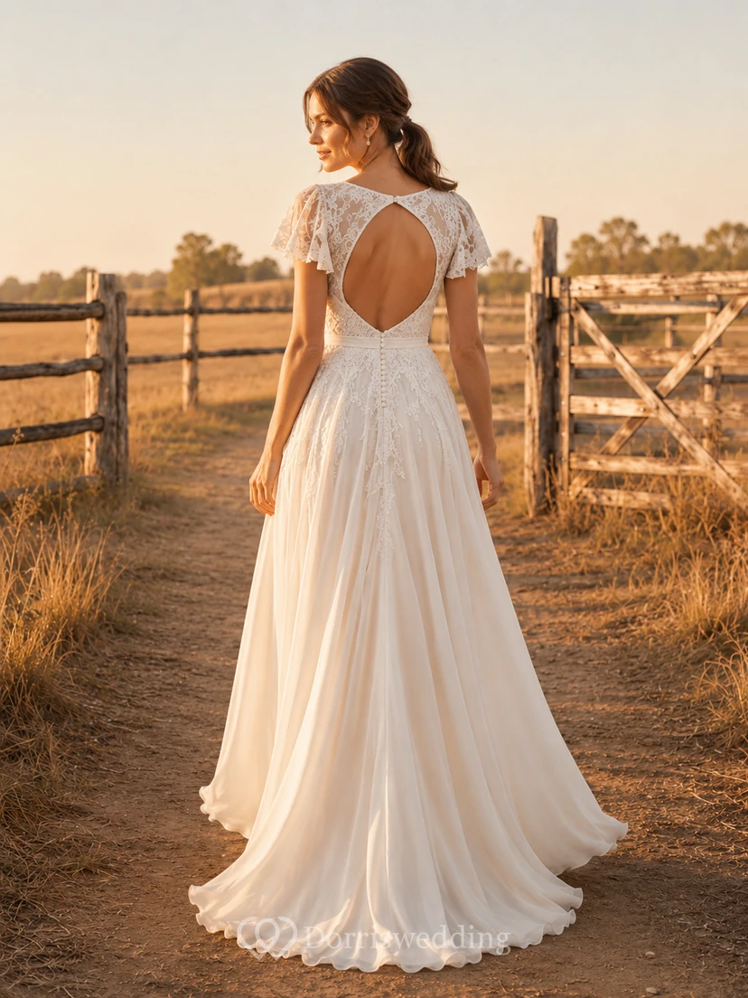 Rustic Country Square Neck Short Cap Lace Sleeve Keyhole Back Chiffon A-Line Wedding Dress view 2