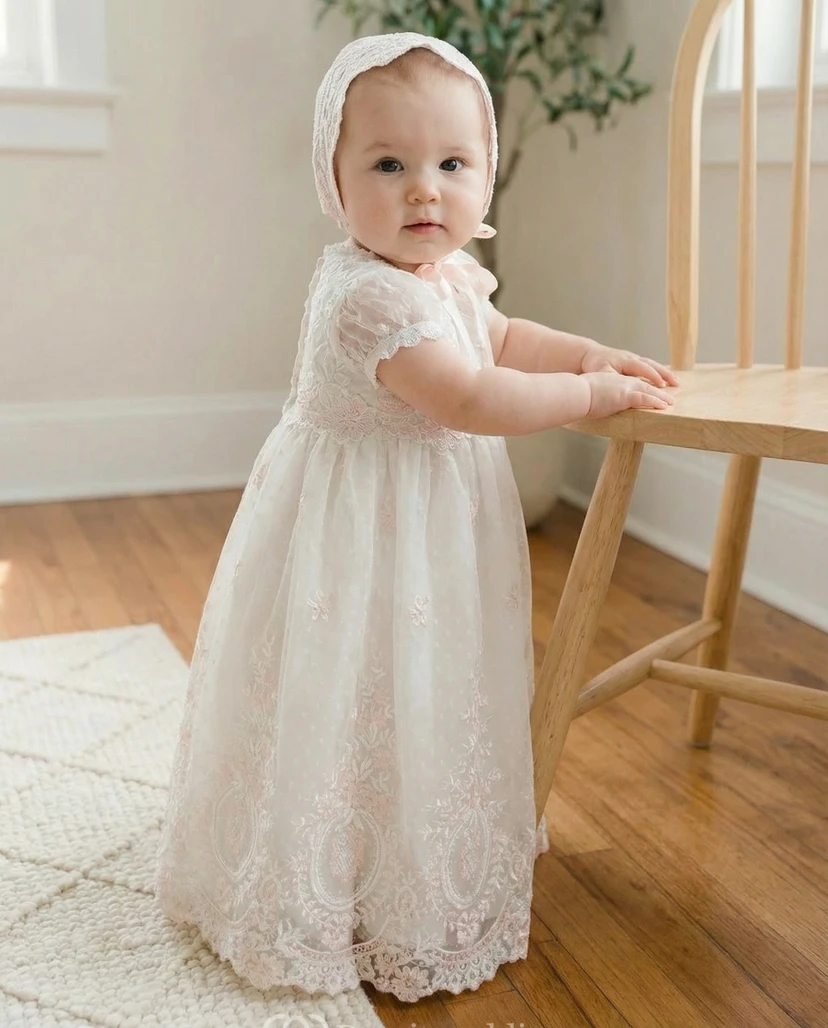 Christening Flower Girl Dress White Lace Baby Gown with Matching Bonnet
