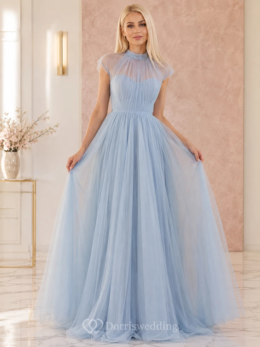 Himmelblaues, hochgeschlossenes, plissiertes A-Linien-Abendkleid aus Illusionstüll