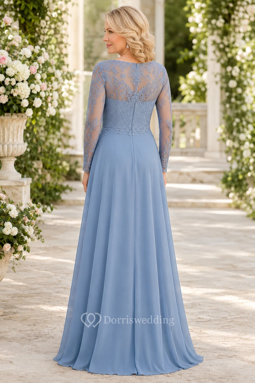 Stahlblaues Chiffon-Kleid in A-Linie mit Spitzenoberteil und langen Ärmeln view 2