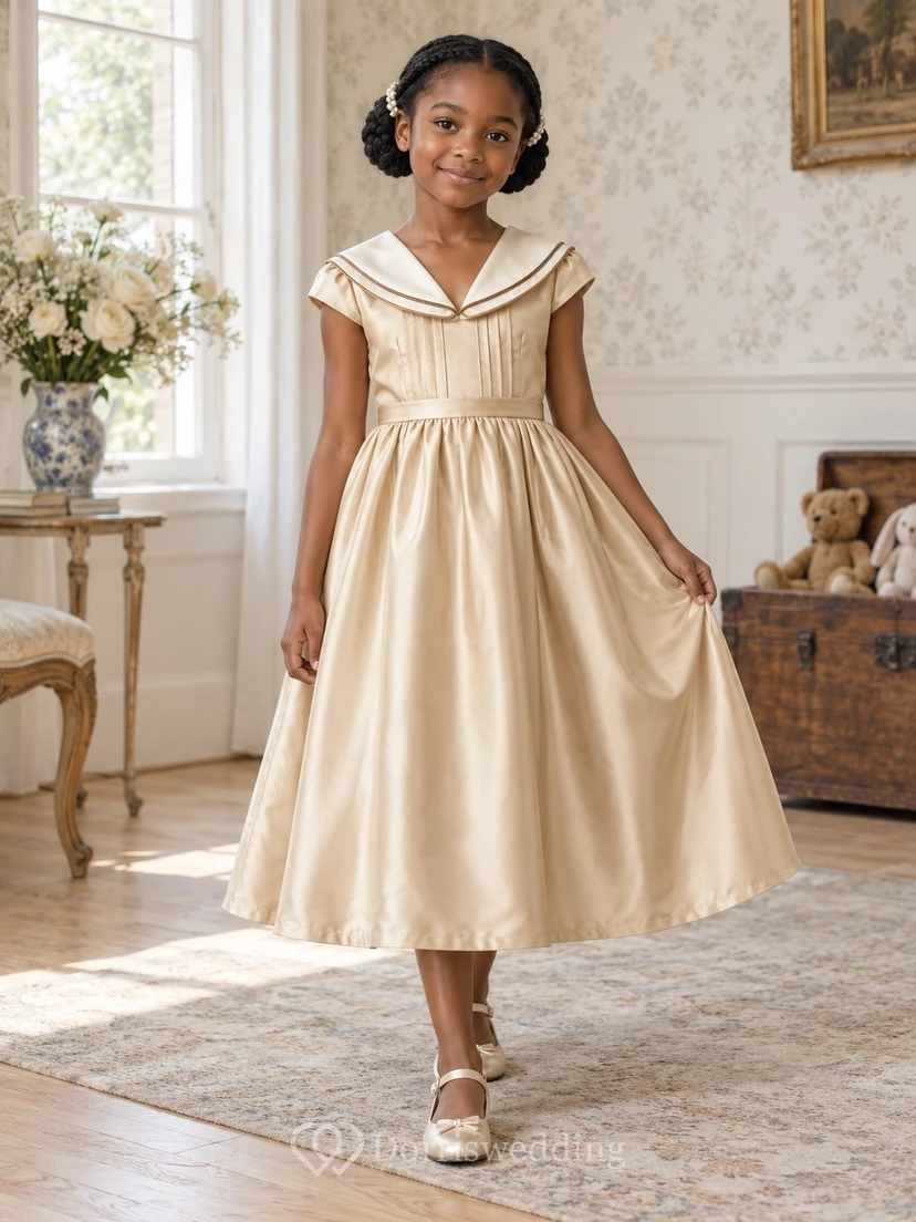 Tea-length Vintage Champagne A-Line Satin Cap-Sleeve Sailor-Collar Pintucked Flowergirl Dress