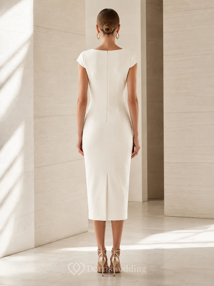 Simple Bateau Neck Cap Sleeve Sheath Tea Length Wedding Dress view 2