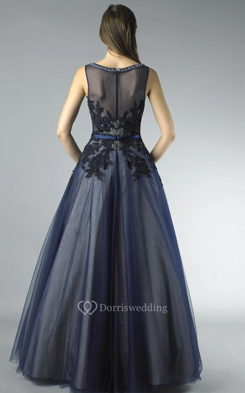 A-line Floor-length High Neck Sleeveless Tulle Illusion Dress view 3
