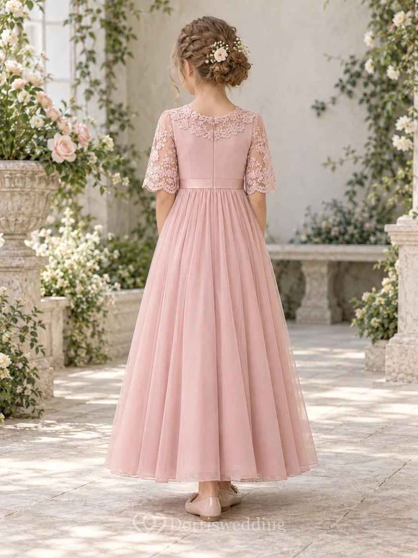Dusty Rose Lace Neck Elbow Sleeve Flower Girl Dress view 2