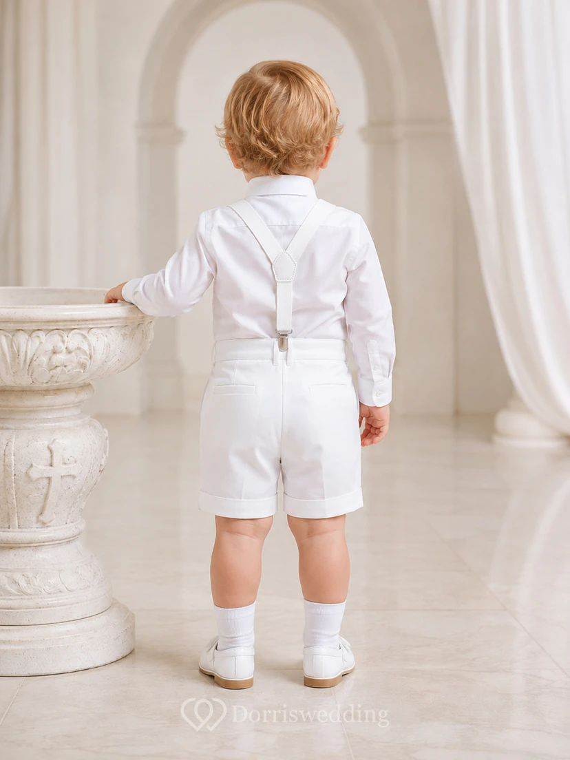 White Suspender Bow Tie Long Sleeve Christening Short Set for Baby Boy view 2