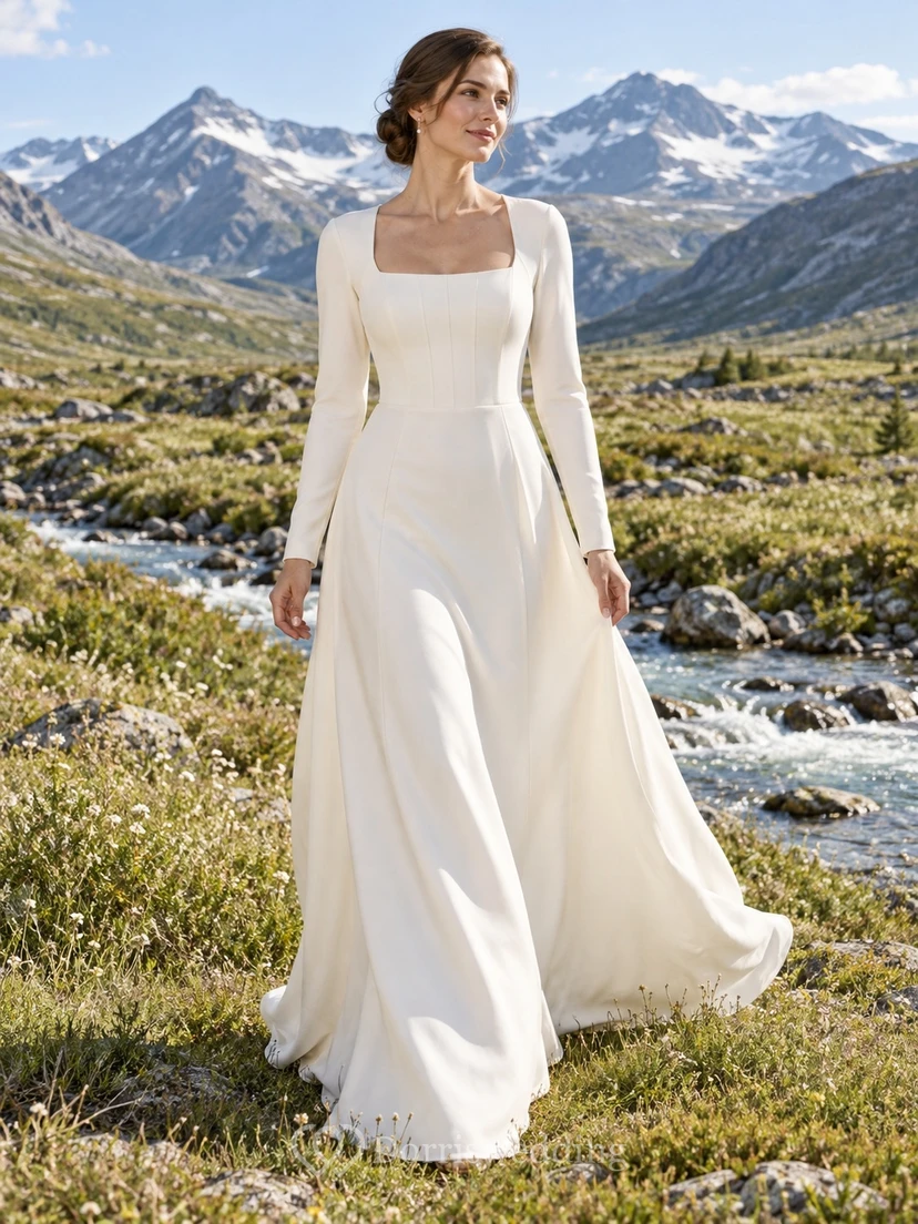 Vestido de novia de crepé de corte A con escote cuadrado, manga larga, corpiño con paneles y cola.