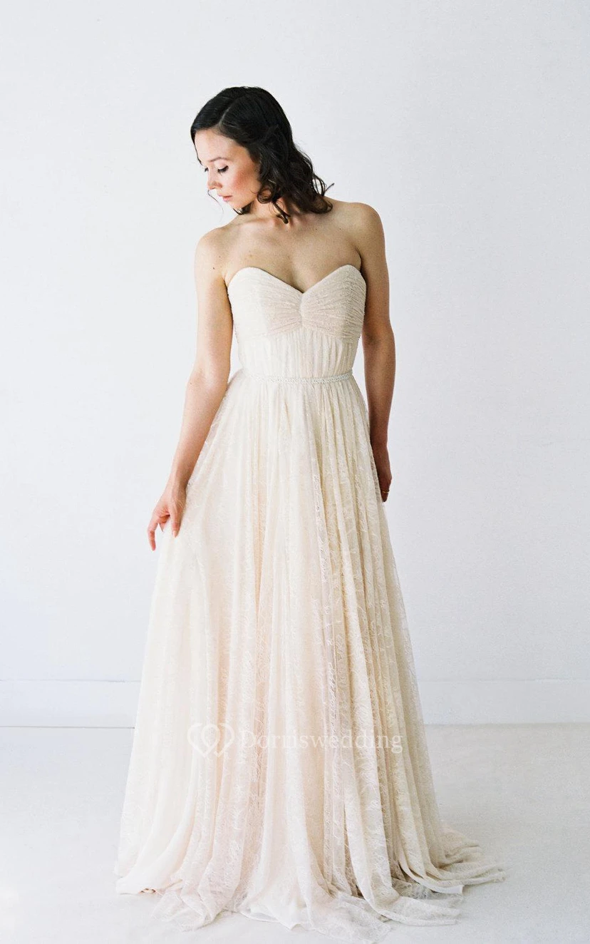 Pleated Lace Sweetheart A-Line Gown With Lace-Up Back
