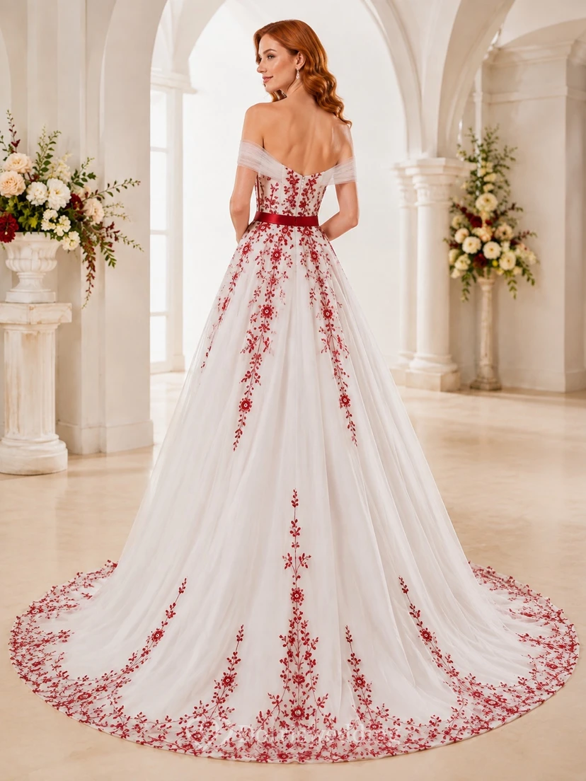 Brautkleid aus rotem Tüll mit floralen Applikationen, schulterfrei, kurzen Ärmeln und A-Linien-Schnitt sowie Schleppe view 2