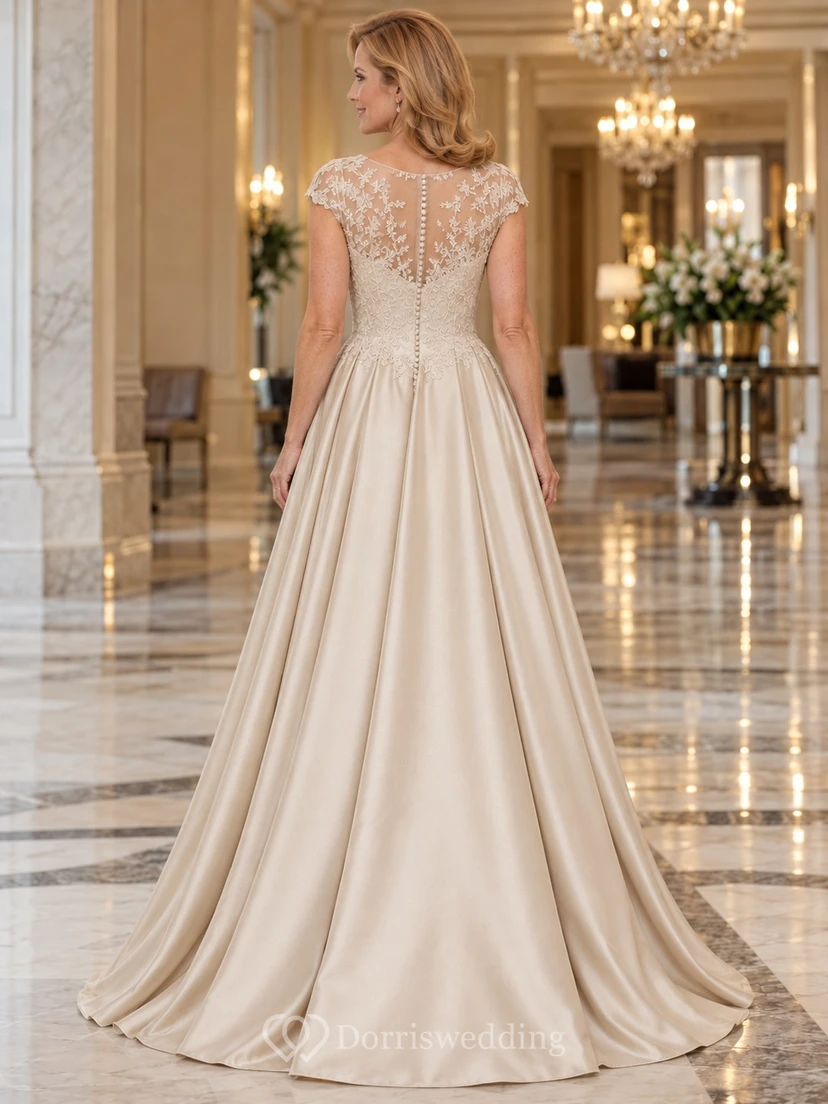 Champagne Satin A-Line Wedding Dress for Older Brides with Lace Cap Sleeves and Court Train view 2