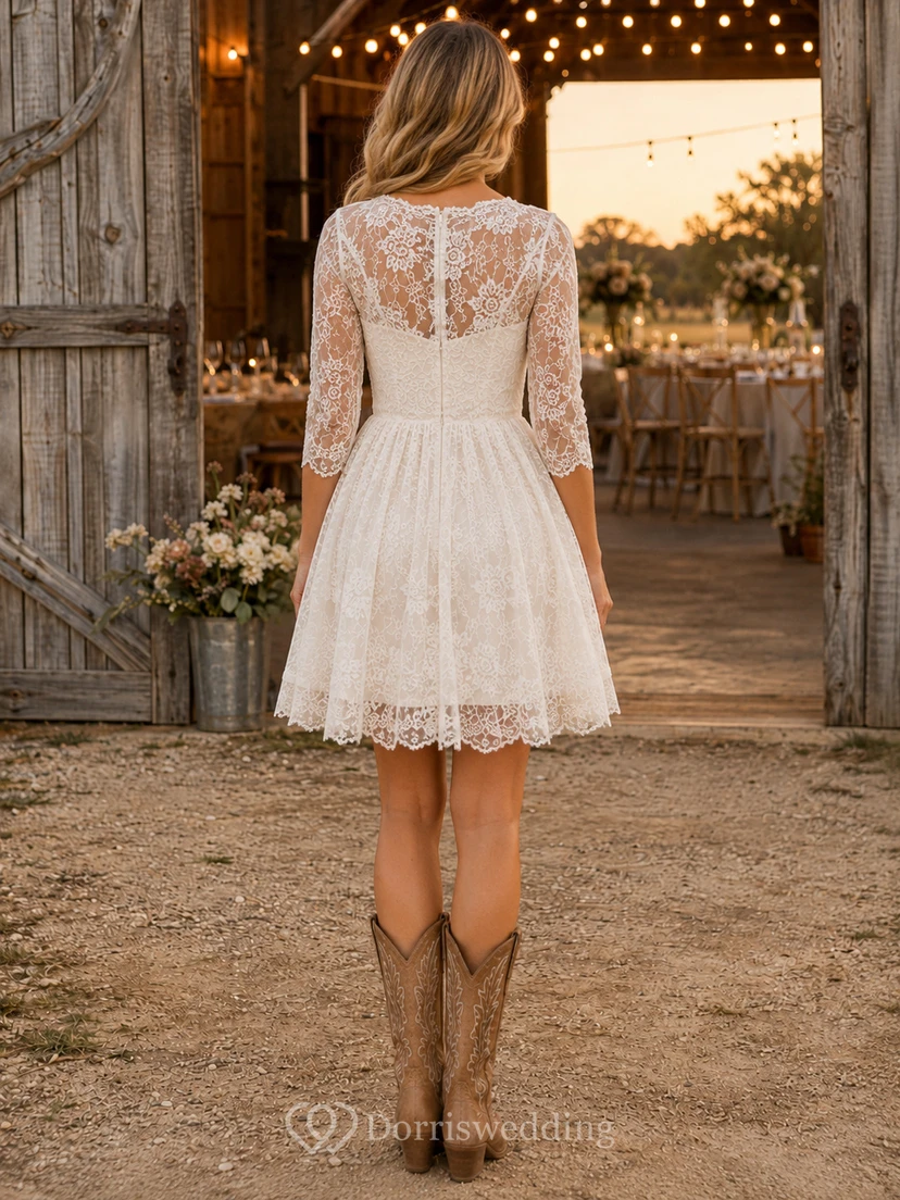 Robe de mariée western rustique courte en dentelle à manches longues view 2