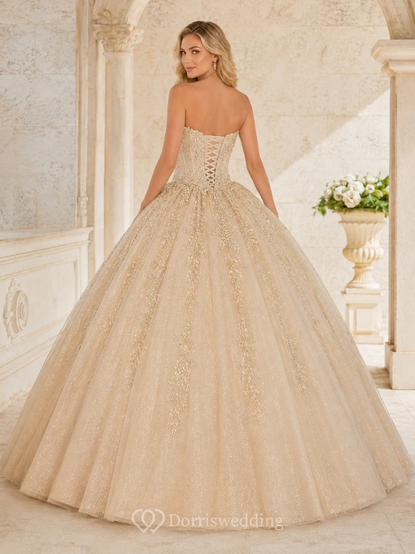 Champagne Luxury Strapless Sweetheart Crystal Beaded Glitter Tulle Princess Quinceanera Ball Gown view 2