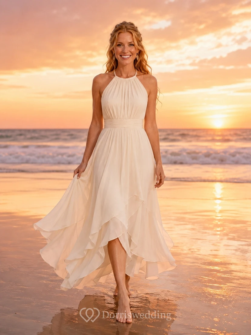 Vestido de novia bohemio de gasa con escote halter y bajo asimétrico para la playa