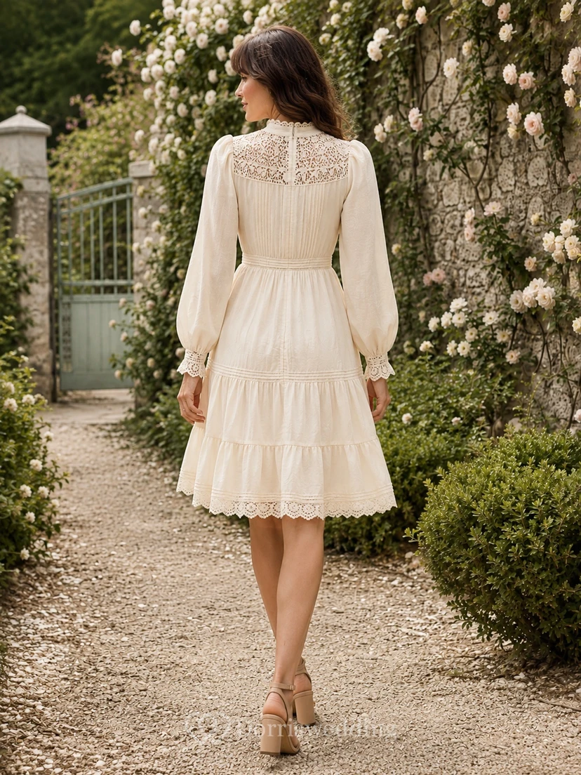 Cream High Neck Long Poet Sleeve Lace Tiered A-Line Knee-Length Bohemian Dress view 2