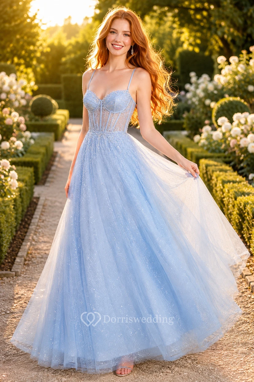 Robe de bal bleu ciel en tulle, robe de soirée bustier cœur sans manches, longueur au sol