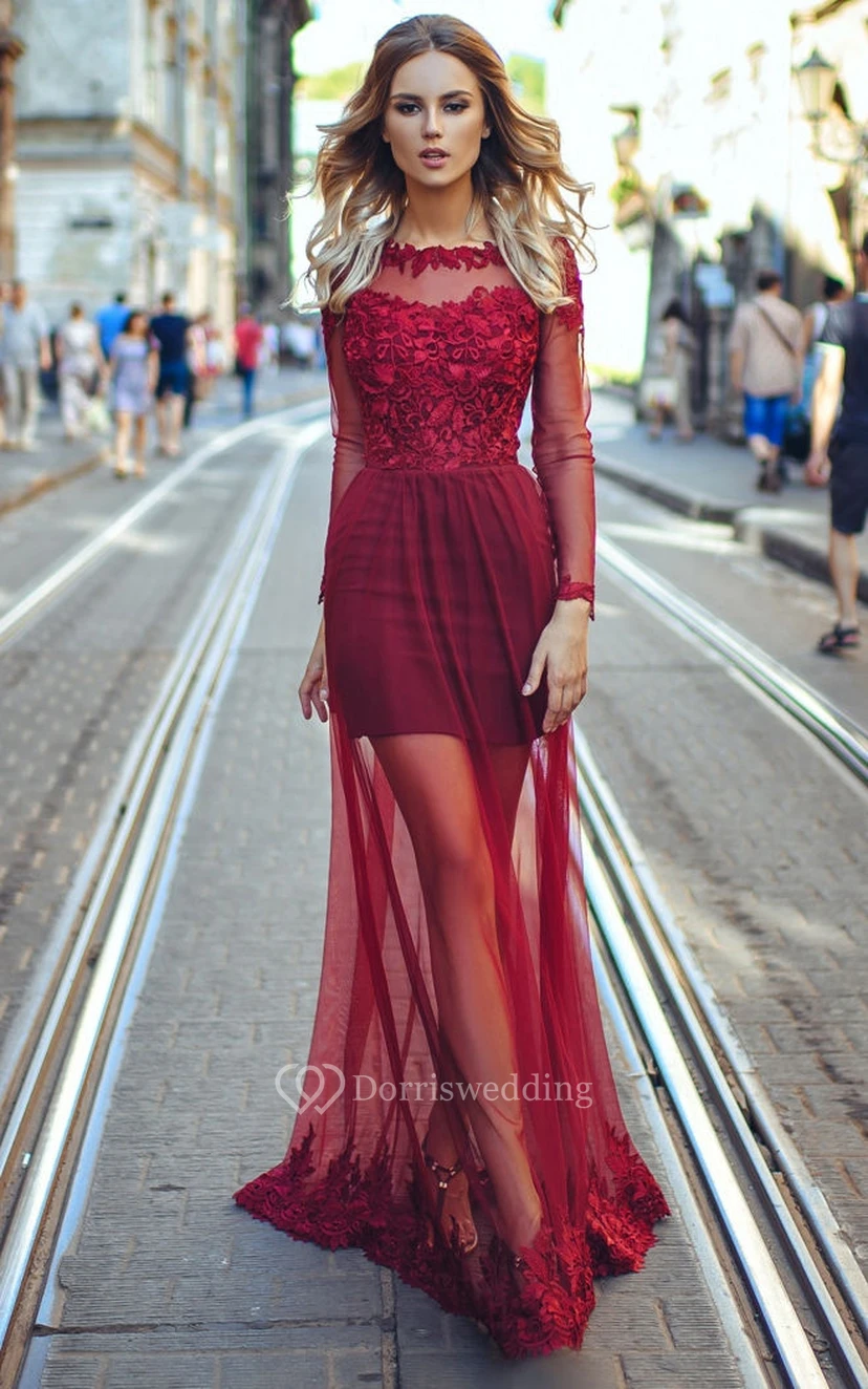 A-Line Sweep Bateau Long Sleeve Tulle Appliques Pleats Zipper Dress view 2