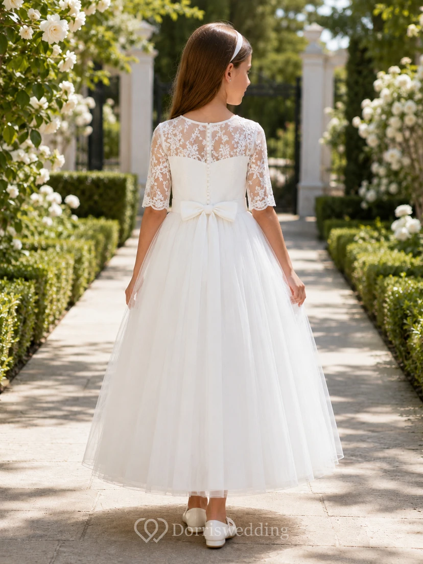 Weißes Tüllkleid mit Illusionsspitze, kurzen Ärmeln und Tee- bzw. Kommunionskleid view 2