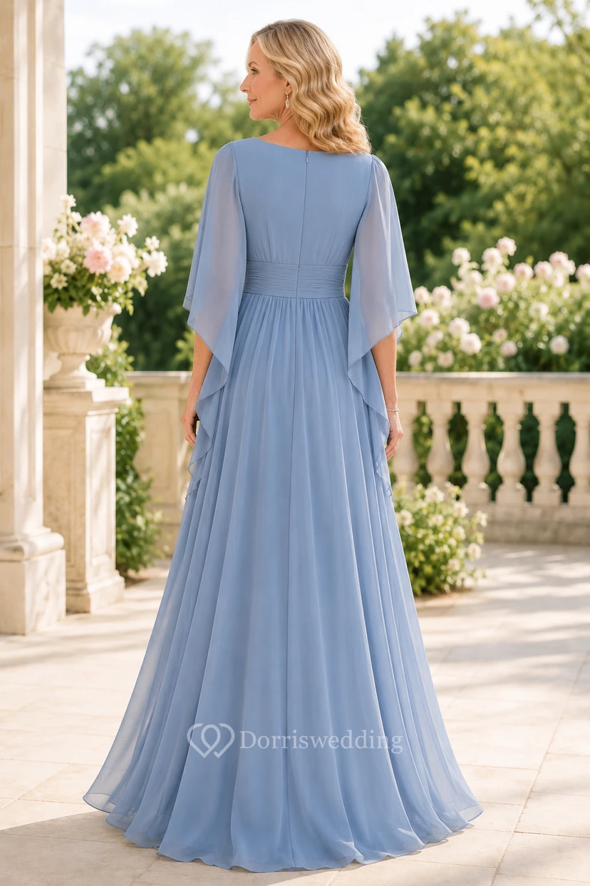 Stahlblaues Chiffon-Kleid in A-Linie mit Capeärmeln view 2