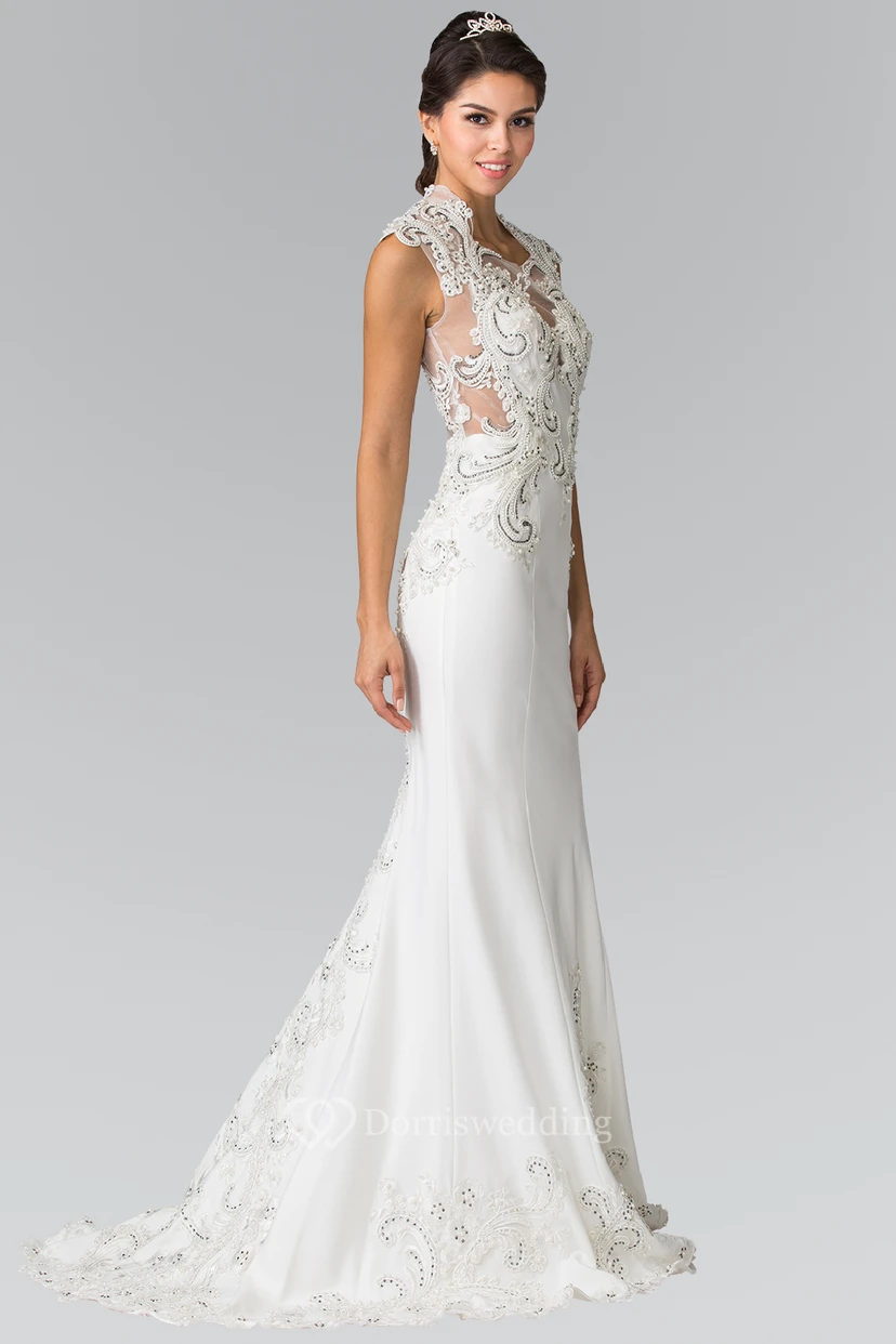 Sheath Floor-Length Cap-Sleeve Jersey Sweep Train Dress With Appliques view 4