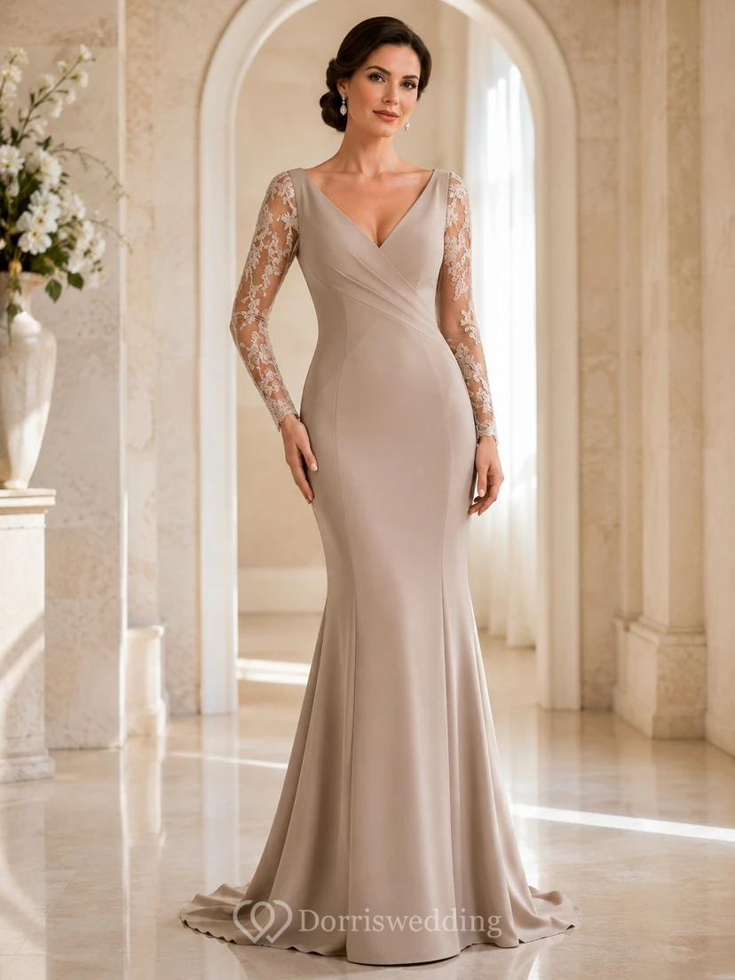 Robe de soirée sirène longue en dentelle taupe, col en V et manches trois-quarts