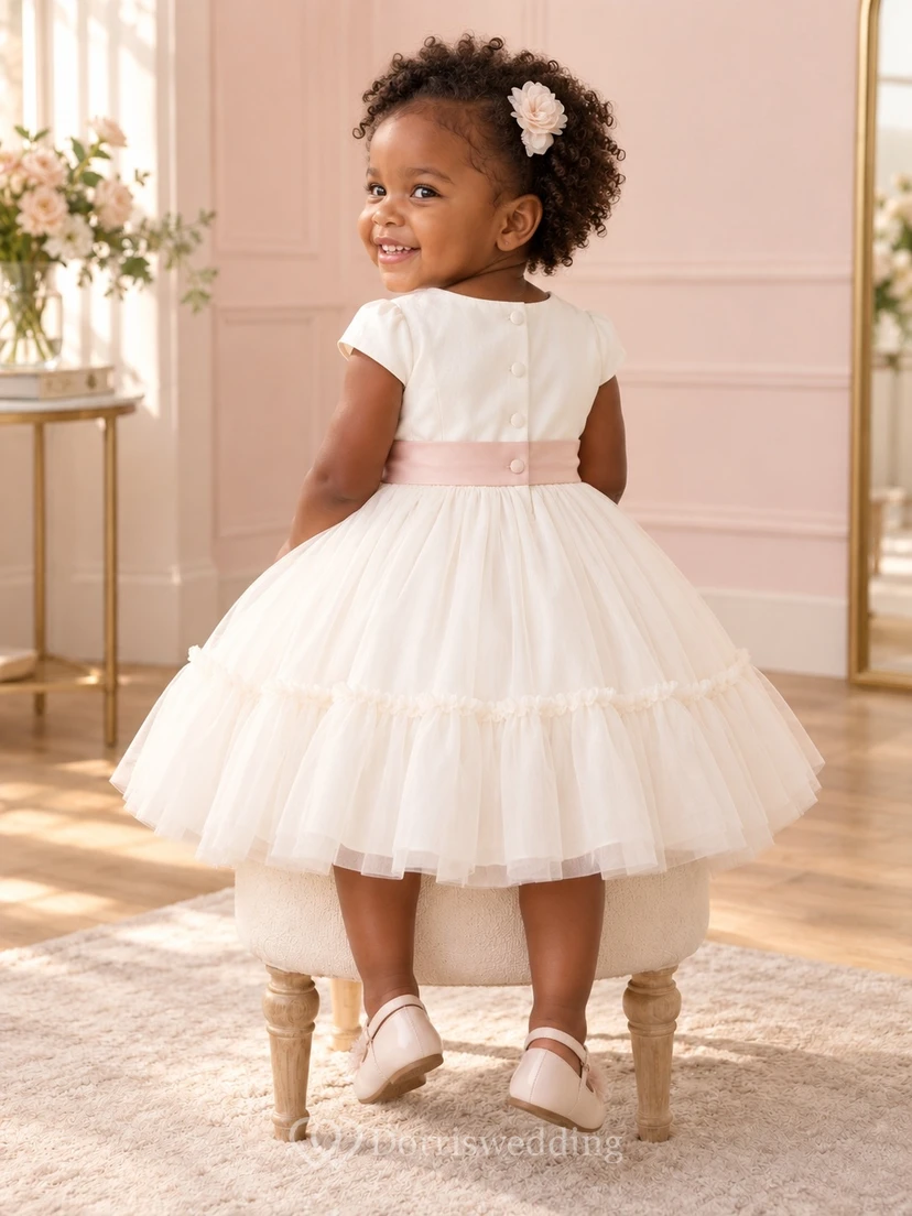 Modest Ivory Knee Length Pink Waist Cap Sleeve Flared Ruffle Tulle Flower Girl Dress view 2