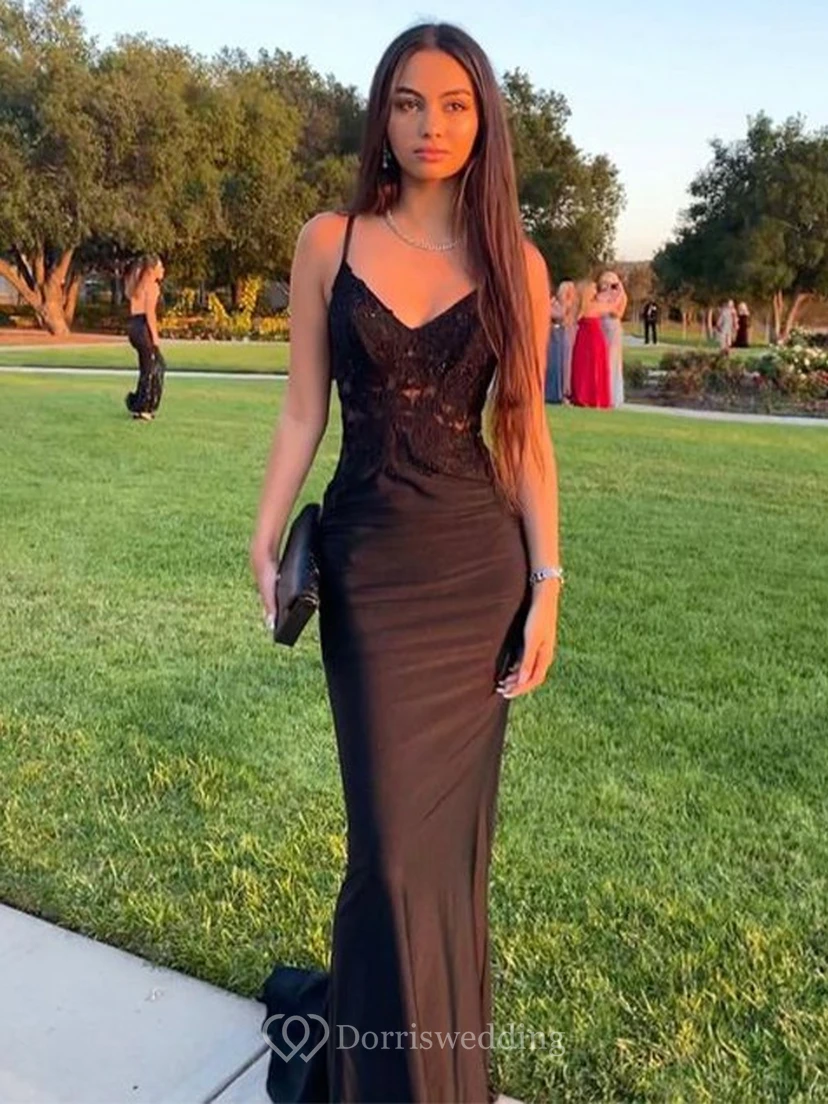 Black Spaghetti Sheath Sexy Pencil Prom Dress with Lace Top