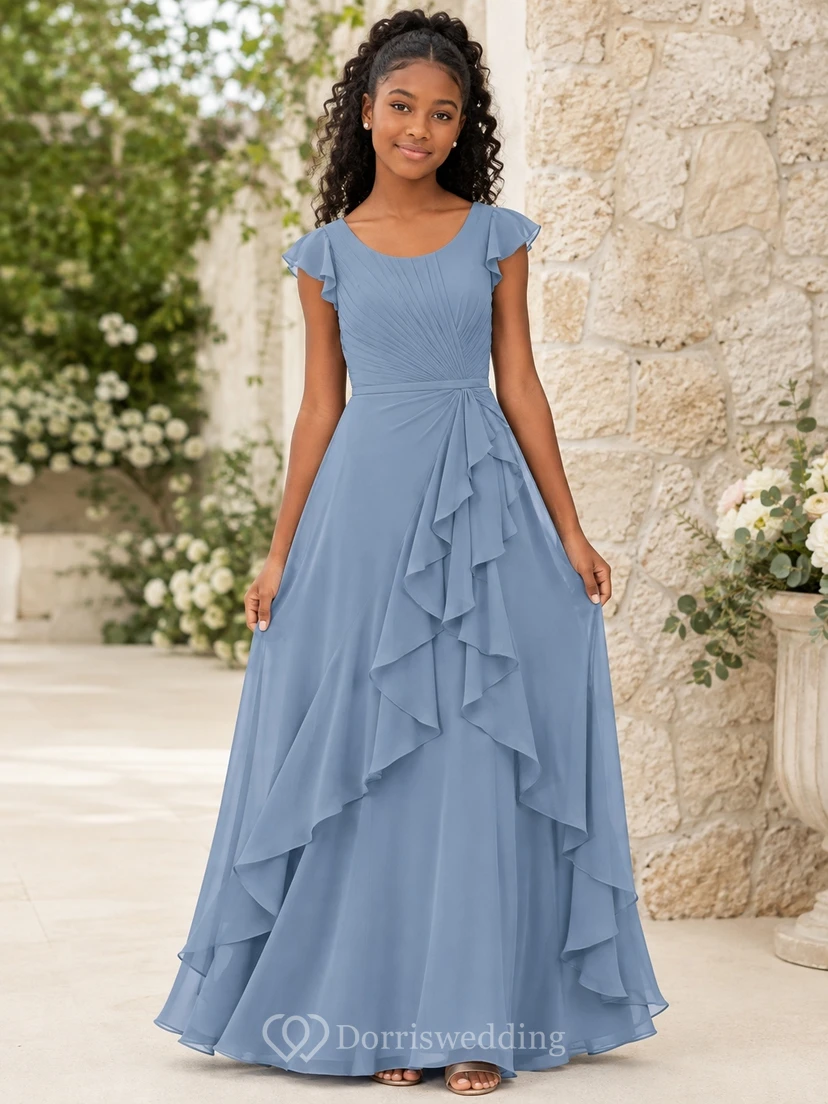Schieferblaues Brautjungfernkleid in A-Linie mit kurzem, rundem Ausschnitt und Blütenblattärmeln aus Chiffon – elegant