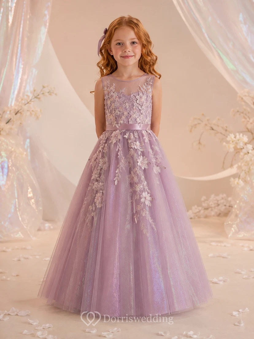 Flower Girl Dress A-Line Mauve Floral Tulle Sleeveless Formal Garden