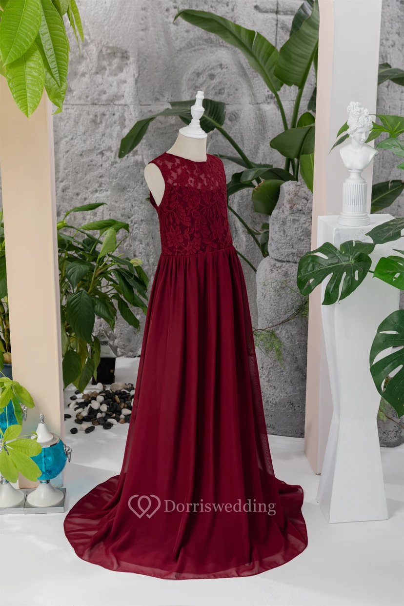 Lace Burgundy Chiffon Floor-length Sleeveless Flowergirl Dress view 7