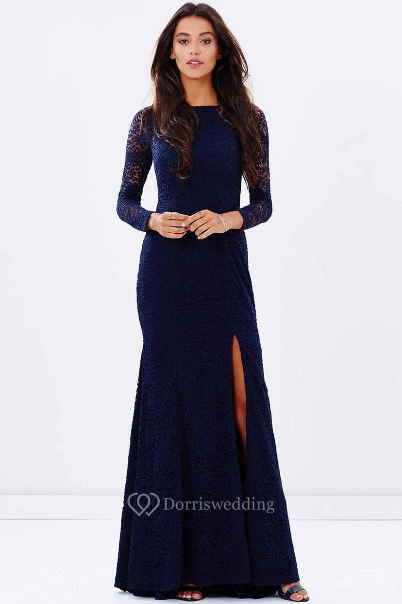 Split-Front Jewel Neck Long Sleeve Lace Blue Bridesmaid Dress view 4