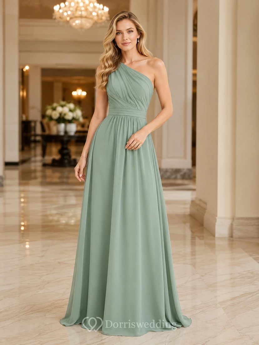 Elegant Indoor Formal Sage Simple A-Line Chiffon Bridesmaid Dress with One-Shoulder Sleeveless Floor-Length Pleated Open Back