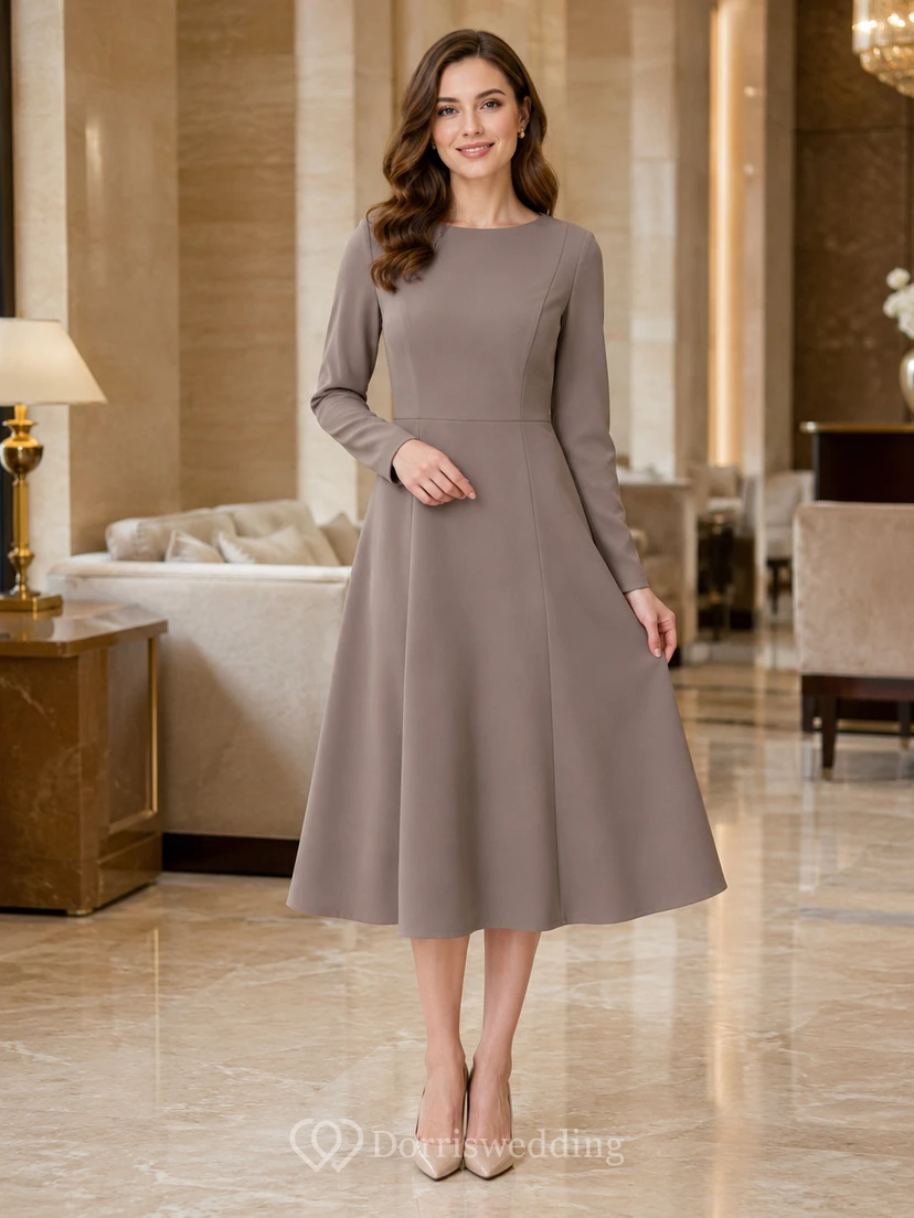 Taupe Long Sleeve Bateau Neck Conservative Occasion Midi Dress