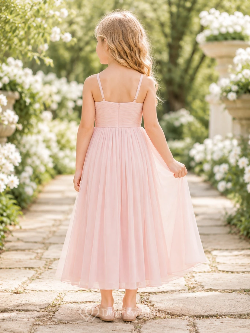Robe de demoiselle d'honneur en dentelle rose poudré et tulle, coupe trapèze, manches courtes, col rond, longueur thé view 2