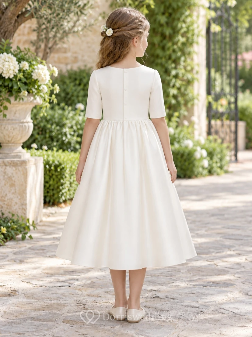 Simple Modest Tea-length Ivory Jewel Half-sleeve Gathered Satin-skirt Button-back Flower Girl Dress view 2