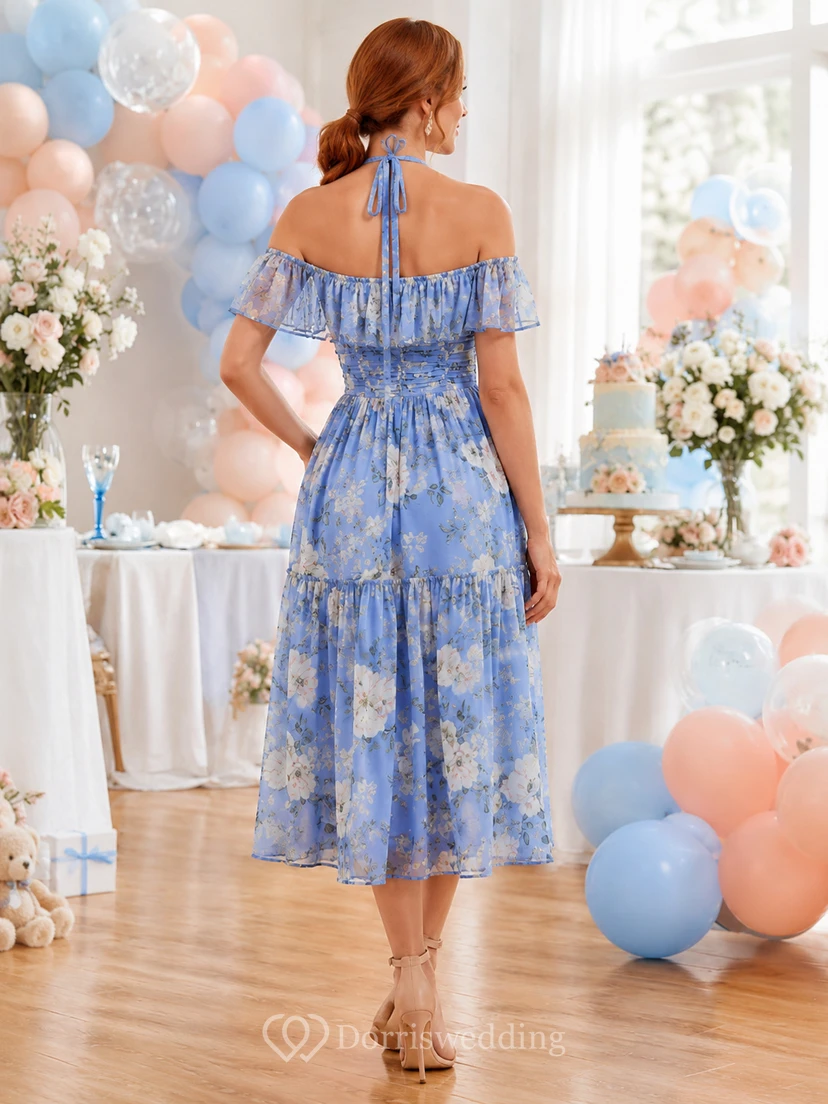 Blue Floral Square Neck Puff Sleeve A Line Midi Dress view 2
