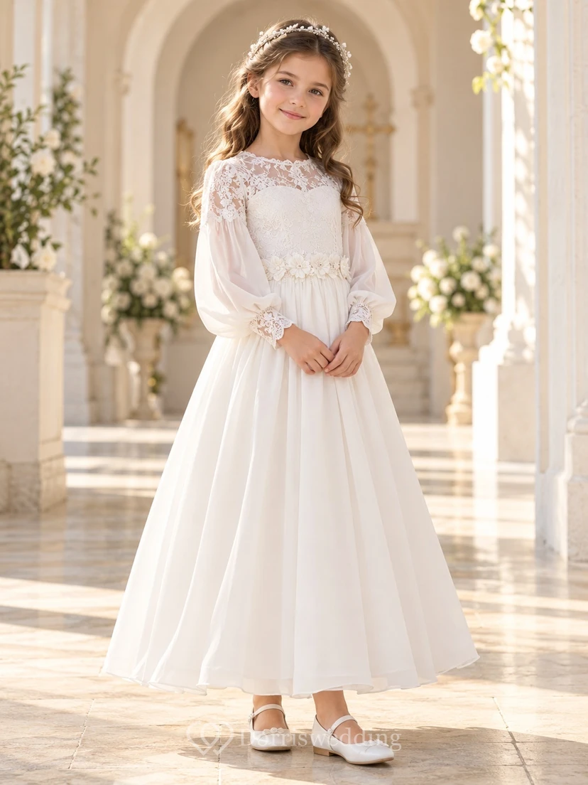 Long Sleeve Ivory Floral Lace Waist Bishop Communion Occasion Dress