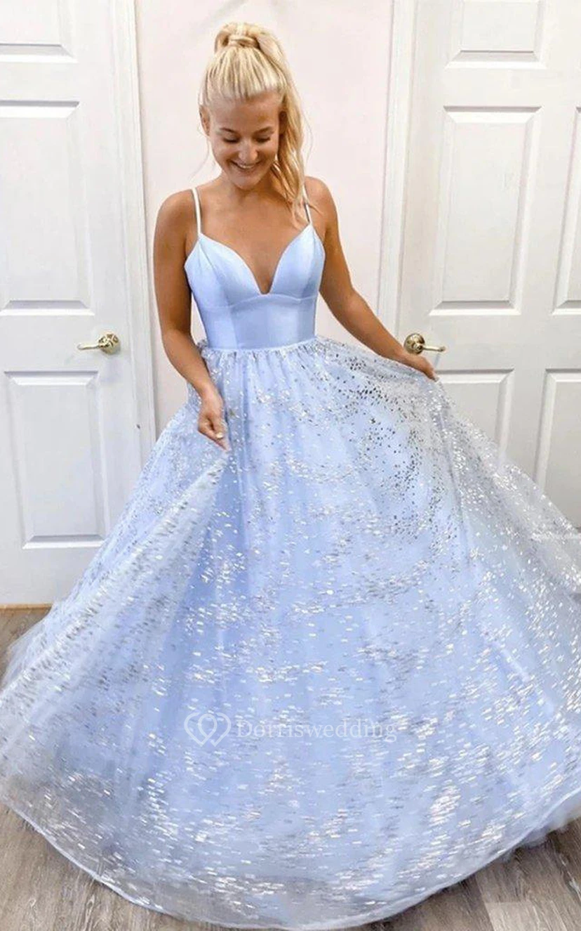 Tulle Floor-length A Line Sleeveless Sexy Formal Dress with Ruffles and Sequins view 2