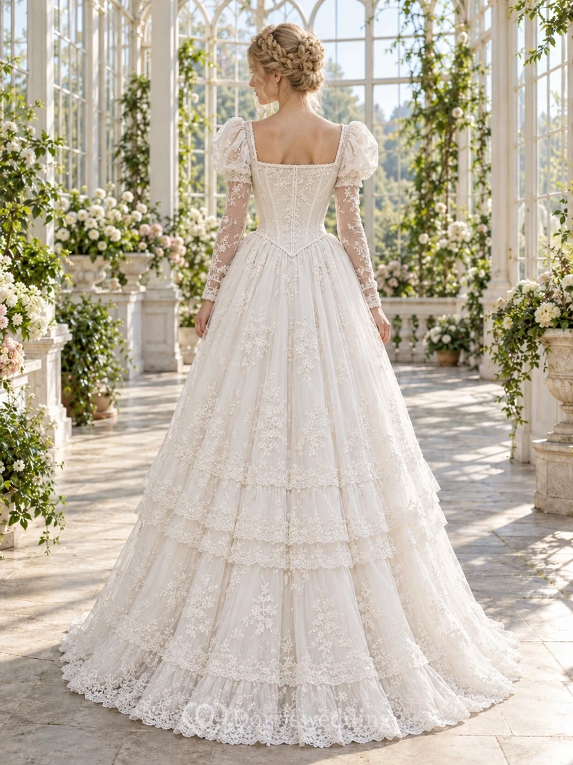 Victorian Square Neck Long Sleeve Tiered Lace Ball Gown Wedding Dress view 2