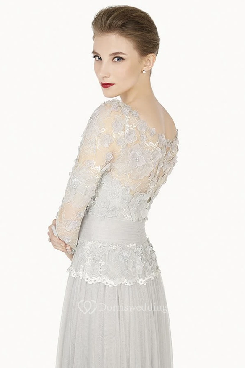 Sheath Floor-Length 3-4-Sleeve Appliqued Scoop-Neck Tulle Prom Dress With Flower view 2